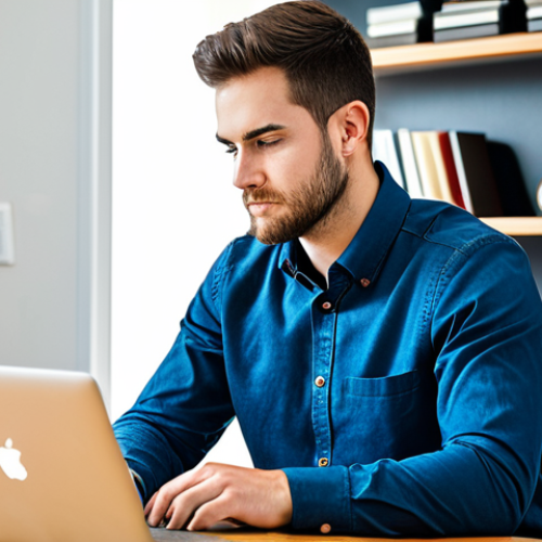Crafting the Resume**

"A young adult male, dressed in casual but professional attire (collared shirt, dark jeans), sitting at a desk in a well-lit home office, meticulously working on a resume on a laptop. The laptop screen displays a resume template with highlighted sections emphasizing skills and experience. The background includes bookshelves and a corkboard with motivational notes. Focus on the determination and attention to detail. fully clothed, appropriate attire, safe for work, perfect anatomy, natural proportions, professional, family-friendly."

**