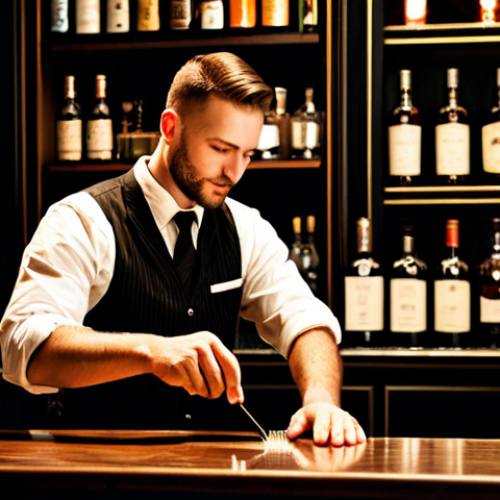 바텐더 취업을 위한 자기소개서 작성법 - **Prompt:** A professional bartender, fully clothed in a stylish bar uniform, crafting a signature c...