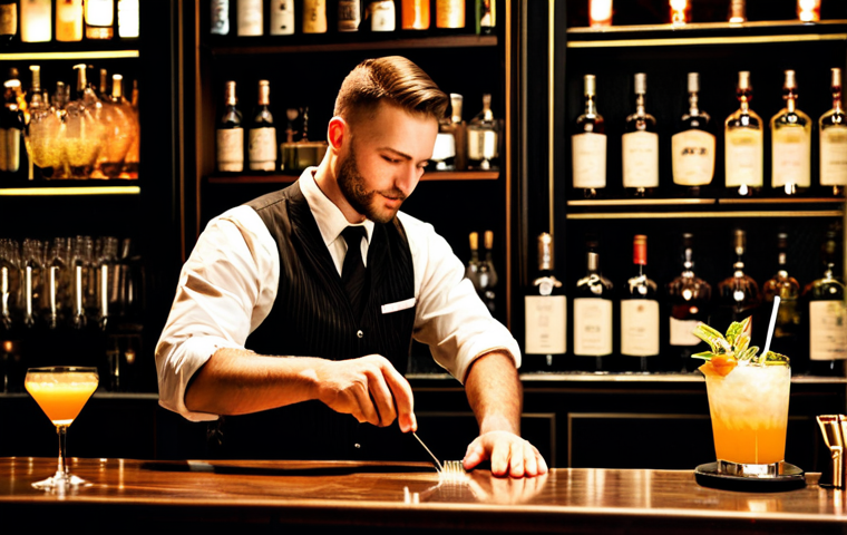 바텐더 취업을 위한 자기소개서 작성법 - **Prompt:** A professional bartender, fully clothed in a stylish bar uniform, crafting a signature c...