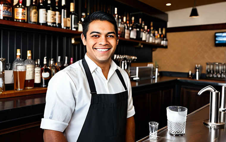 바텐더 취업을 위한 자기소개서 작성법 - **Prompt:** A professional bartender, fully clothed in a stylish bar uniform, crafting a signature c...