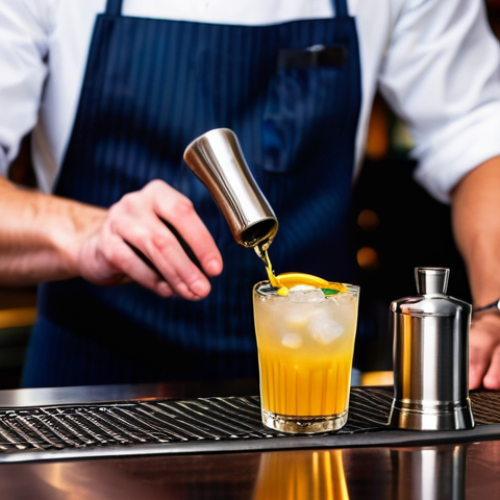 바텐더가 추천하는 칵테일 도구 - **Prompt:** "A close-up shot of a bartender's hands, in elegant and clean attire (e.g., a smart apro...