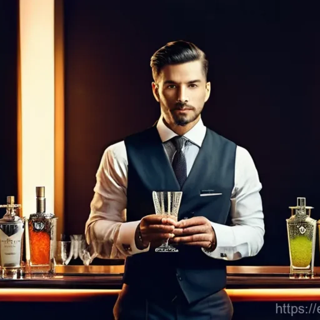 바텐더 칵테일 대회 우승 사례 - **Prompt:** A dynamic, wide-angle shot of a male bartender in his early 30s, wearing a stylish yet p...