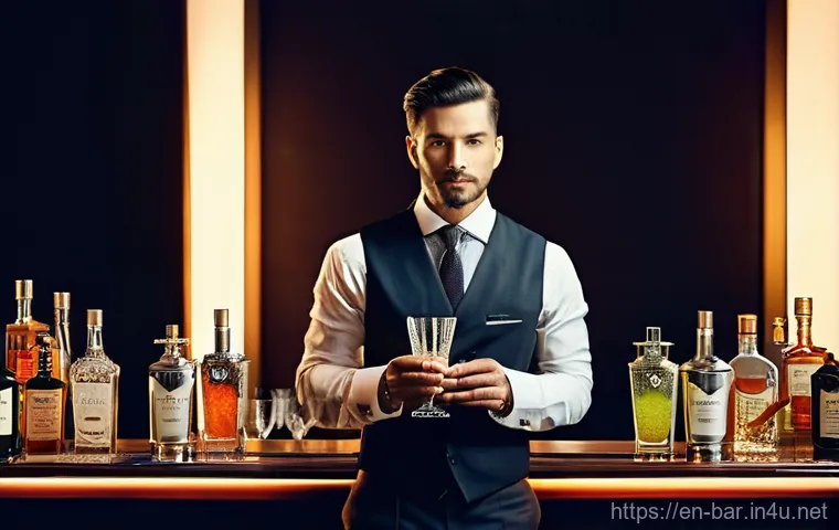 바텐더 칵테일 대회 우승 사례 - **Prompt:** A dynamic, wide-angle shot of a male bartender in his early 30s, wearing a stylish yet p...