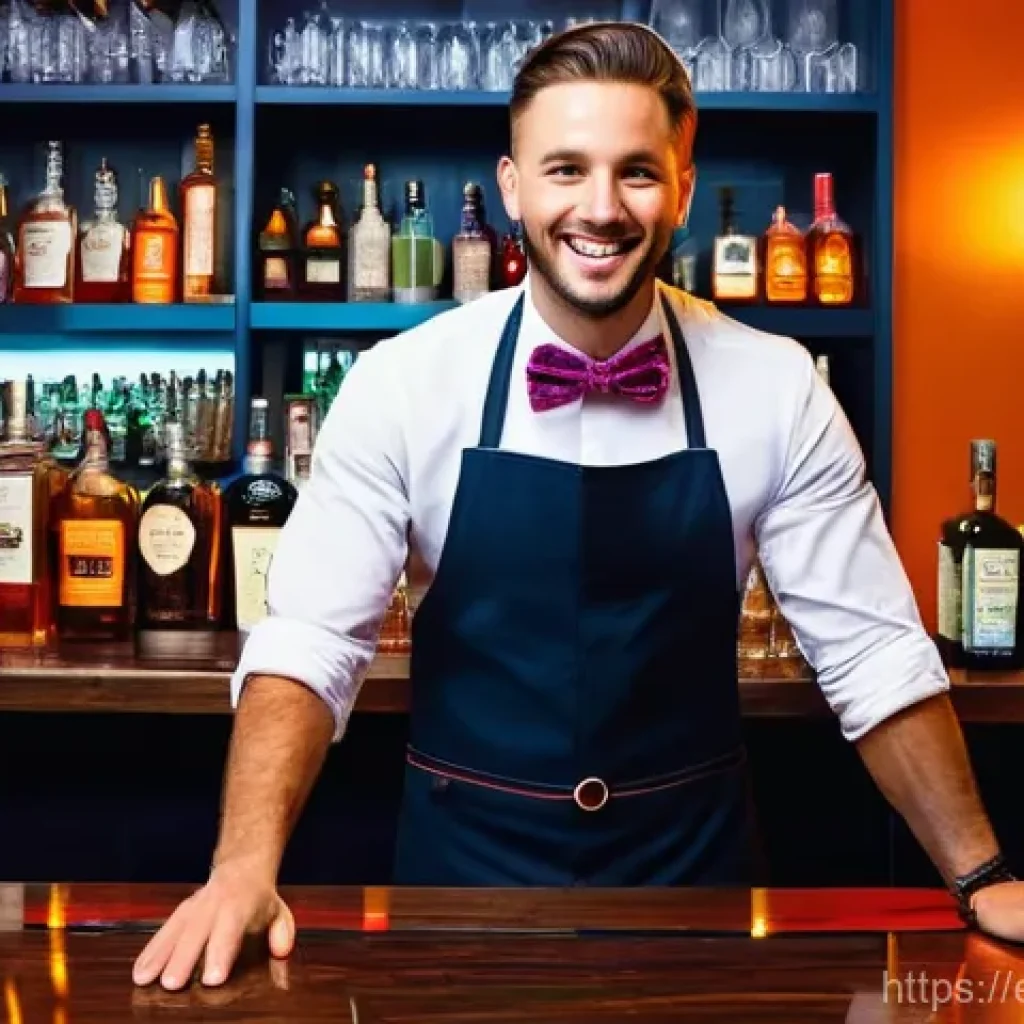 바텐더 해외 취업 방법 - **Prompt:** A highly skilled and charismatic male bartender, appearing to be in his late 20s, wearin...