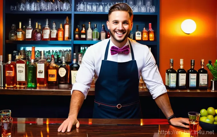 바텐더 해외 취업 방법 - **Prompt:** A highly skilled and charismatic male bartender, appearing to be in his late 20s, wearin...