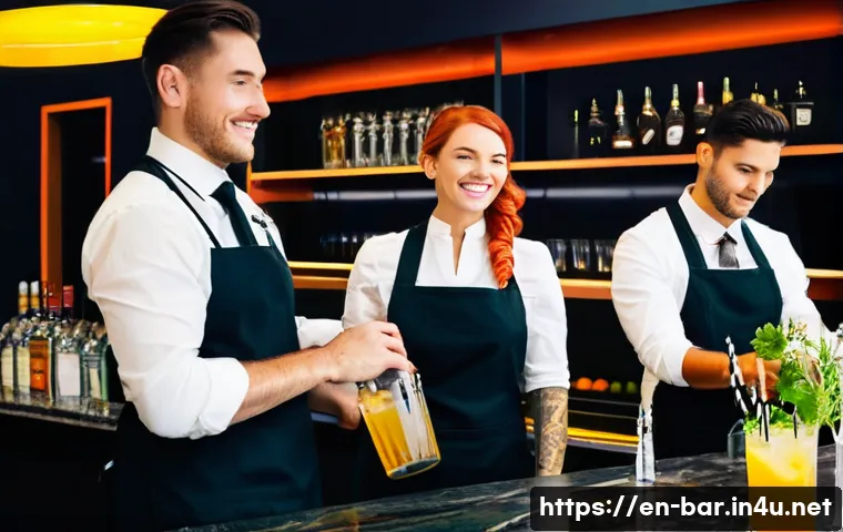 바텐더와 관련된 업계 행사 소개 - **Prompt 1: "A young, diverse group of aspiring bartenders, dressed in stylish casual attire, active...