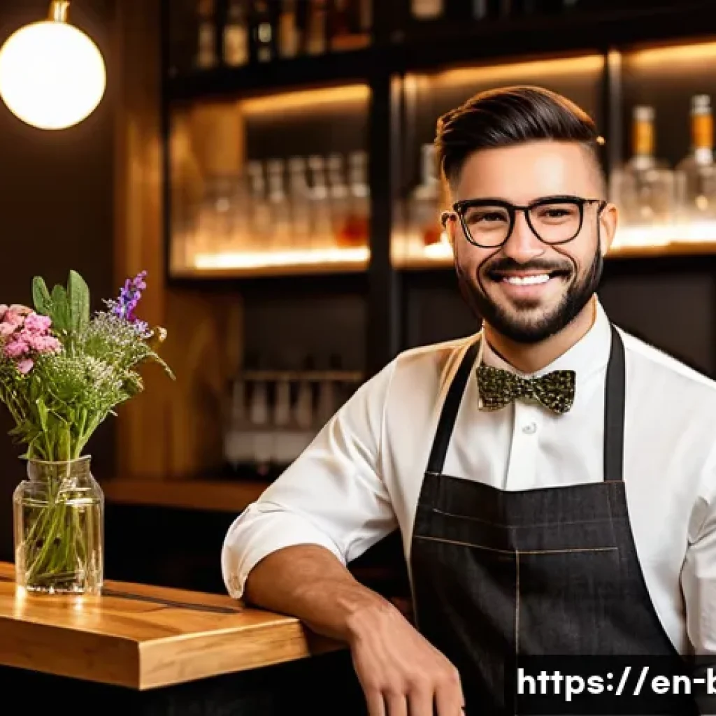 바텐더로 성공한 사례 인터뷰 - A charismatic bartender in a trendy urban bar setting, showcasing a signature style with a uniquely ...
