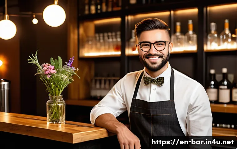 바텐더로 성공한 사례 인터뷰 - A charismatic bartender in a trendy urban bar setting, showcasing a signature style with a uniquely ...