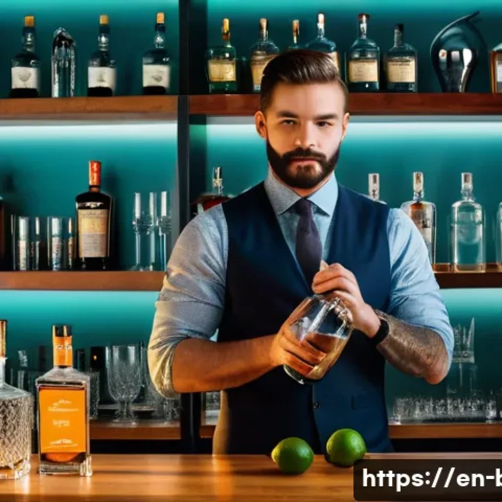 바텐더 자격증 공부 꿀팁 - A professional bartender in a modern, stylish bar setting demonstrating classic cocktail preparation...