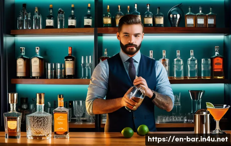 바텐더 자격증 공부 꿀팁 - A professional bartender in a modern, stylish bar setting demonstrating classic cocktail preparation...
