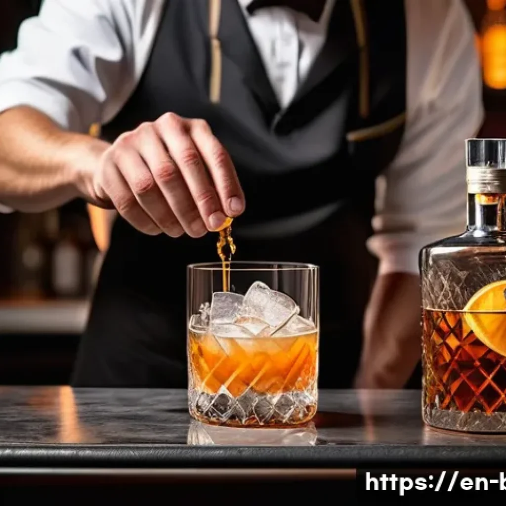 바텐더 업무 사례 공유 - A skilled bartender expertly preparing a classic Old Fashioned cocktail in a stylish, modern bar set...