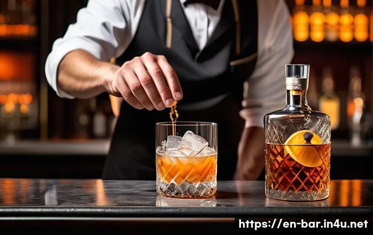 바텐더 업무 사례 공유 - A skilled bartender expertly preparing a classic Old Fashioned cocktail in a stylish, modern bar set...