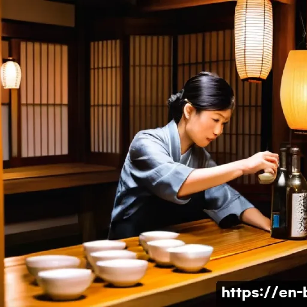 바텐더로서의 글로벌 네트워크 형성 - A vibrant scene inside a traditional Japanese izakaya bar during evening hours, showing a respectful...