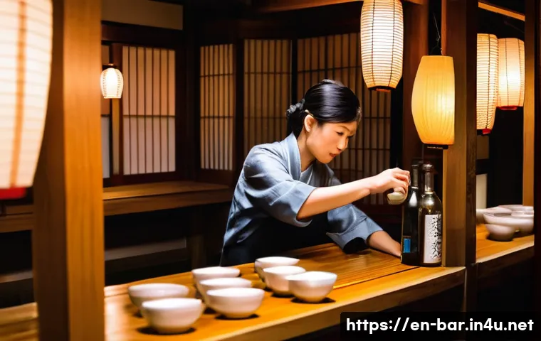 바텐더로서의 글로벌 네트워크 형성 - A vibrant scene inside a traditional Japanese izakaya bar during evening hours, showing a respectful...