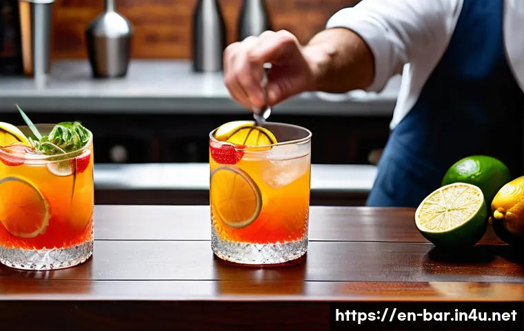 바텐더 칵테일 제조 기본 규칙 - A sophisticated home bar scene featuring a bartender precisely measuring cocktail ingredients using ...
