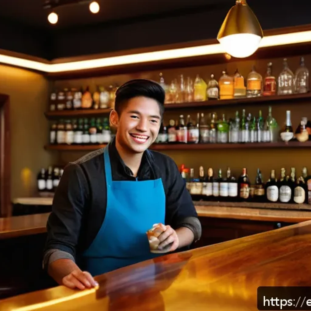 바텐더의 직업 윤리 - A warm, inviting bar scene with a diverse group of patrons seated at a polished wooden bar counter, ...