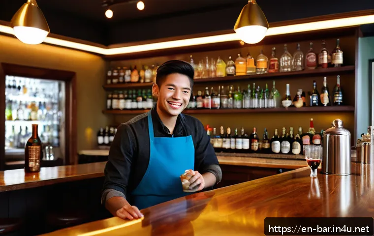 바텐더의 직업 윤리 - A warm, inviting bar scene with a diverse group of patrons seated at a polished wooden bar counter, ...