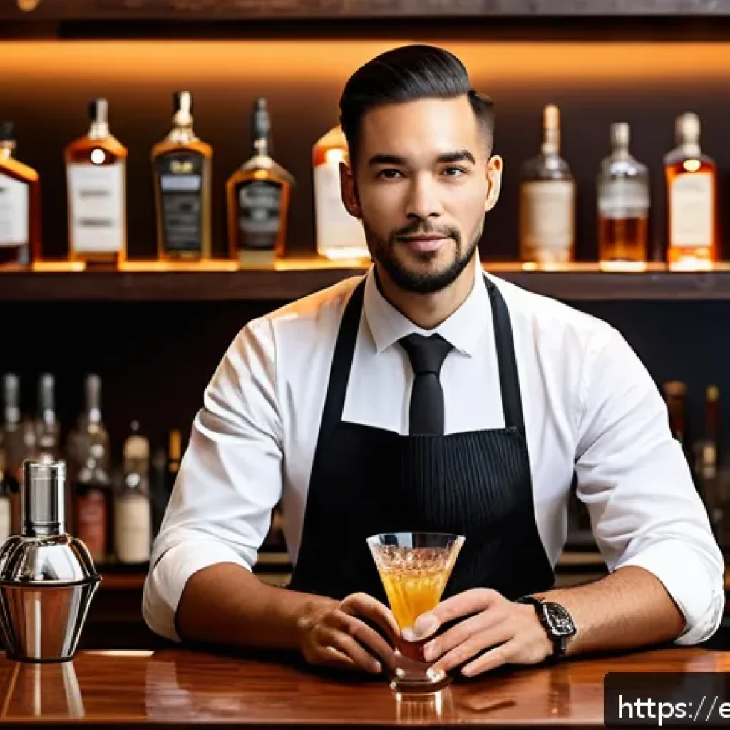 바텐더 교육 과정 소개 - A professional bartender in a modern upscale bar setting, skillfully shaking a cocktail shaker with ...