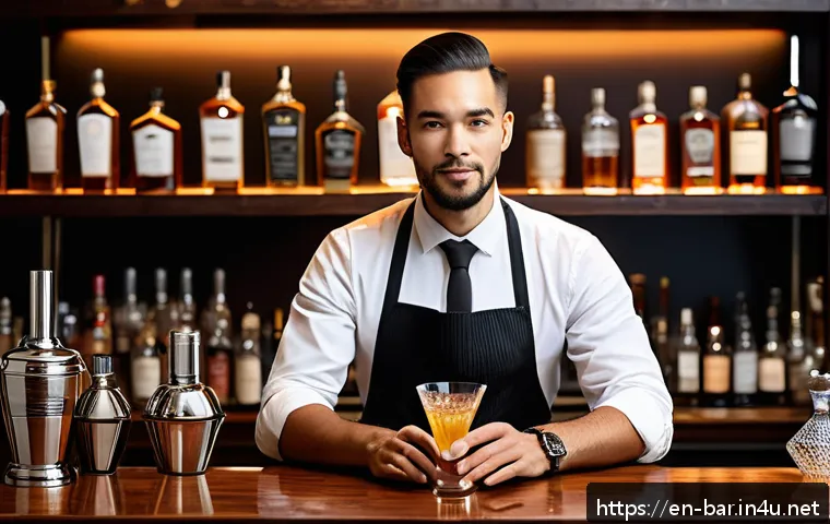바텐더 교육 과정 소개 - A professional bartender in a modern upscale bar setting, skillfully shaking a cocktail shaker with ...