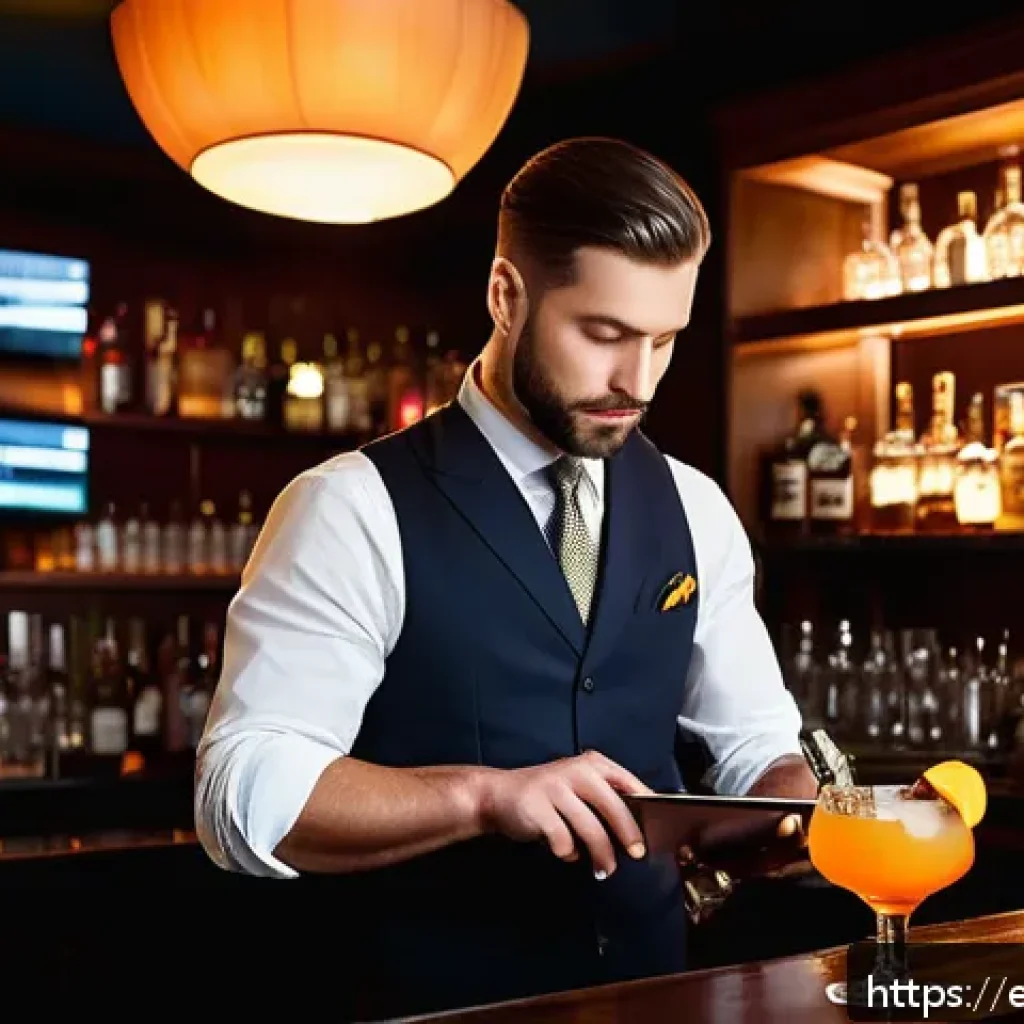 바텐더 직업 선택 시 고려해야 할 점 - A bustling upscale cocktail bar interior at night, featuring a professional bartender in smart attir...
