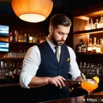 바텐더 직업 선택 시 고려해야 할 점 - A bustling upscale cocktail bar interior at night, featuring a professional bartender in smart attir...