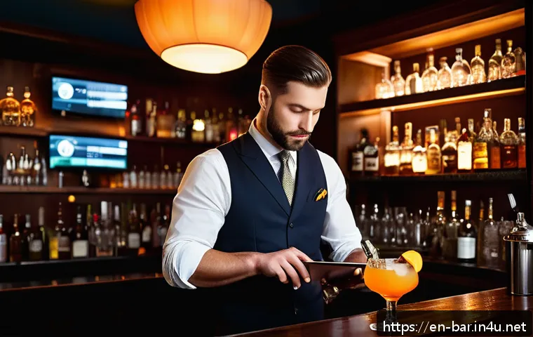 바텐더 직업 선택 시 고려해야 할 점 - A bustling upscale cocktail bar interior at night, featuring a professional bartender in smart attir...