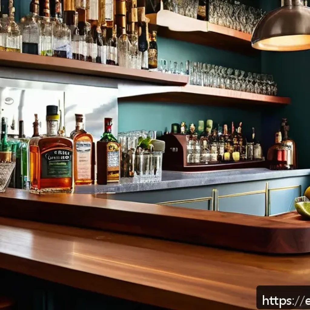 바텐더가 추천하는 실습 자료 - A cozy home bar setup featuring a polished wooden countertop with high-quality stainless steel bar t...