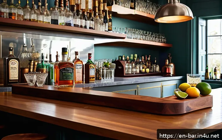 바텐더가 추천하는 실습 자료 - A cozy home bar setup featuring a polished wooden countertop with high-quality stainless steel bar t...