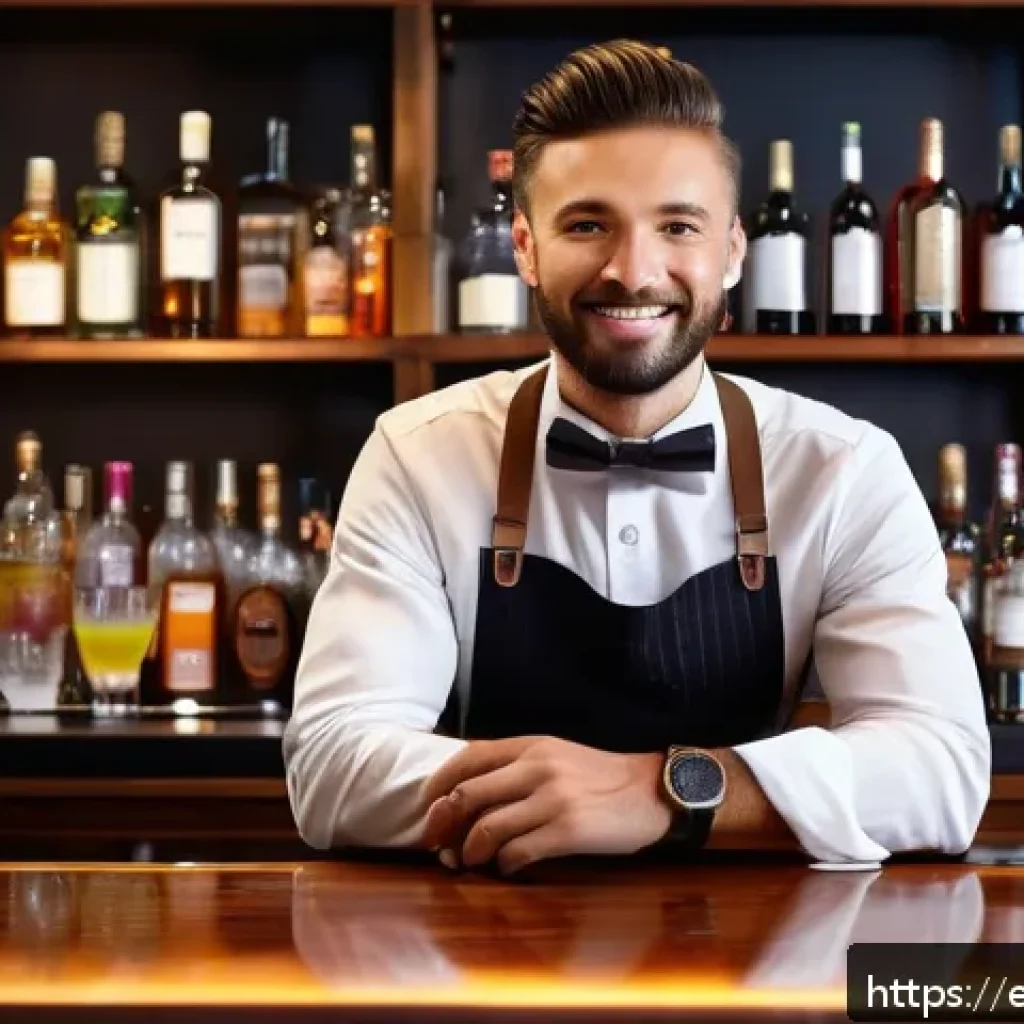 바텐더가 경력 관리에 실패한 사례 - A stylish, modern bartender in a trendy urban cocktail bar, wearing a crisp white shirt with black s...