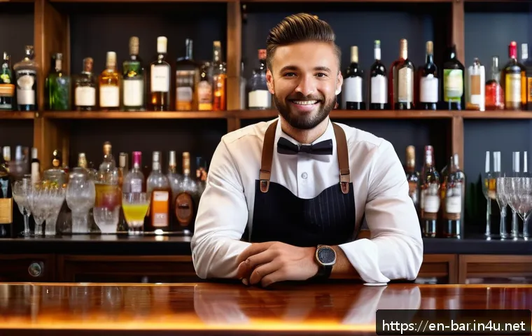 바텐더가 경력 관리에 실패한 사례 - A stylish, modern bartender in a trendy urban cocktail bar, wearing a crisp white shirt with black s...
