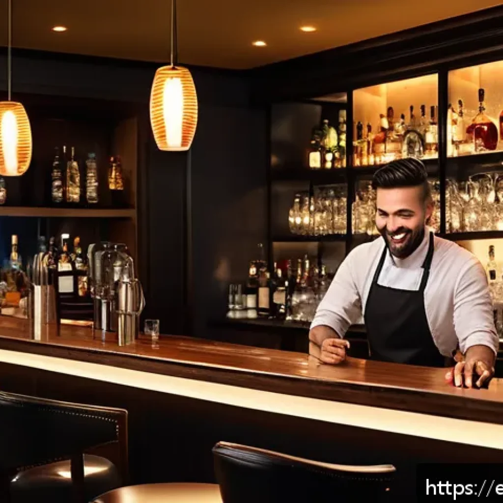 바텐더로서의 고객 만족도 관리 - A modern upscale bar interior during a lively evening, featuring a diverse group of patrons engaged ...
