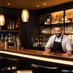 바텐더로서의 고객 만족도 관리 - A modern upscale bar interior during a lively evening, featuring a diverse group of patrons engaged ...