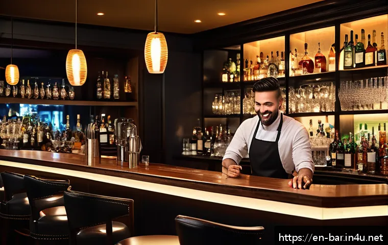 바텐더로서의 고객 만족도 관리 - A modern upscale bar interior during a lively evening, featuring a diverse group of patrons engaged ...