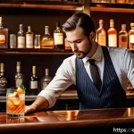 바텐더 경력 관리 꿀팁 - A professional bartender expertly crafting a classic Old Fashioned cocktail behind a polished wooden...