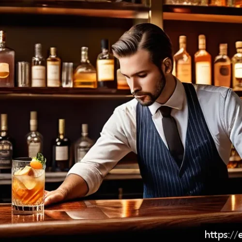 바텐더 경력 관리 꿀팁 - A professional bartender expertly crafting a classic Old Fashioned cocktail behind a polished wooden...