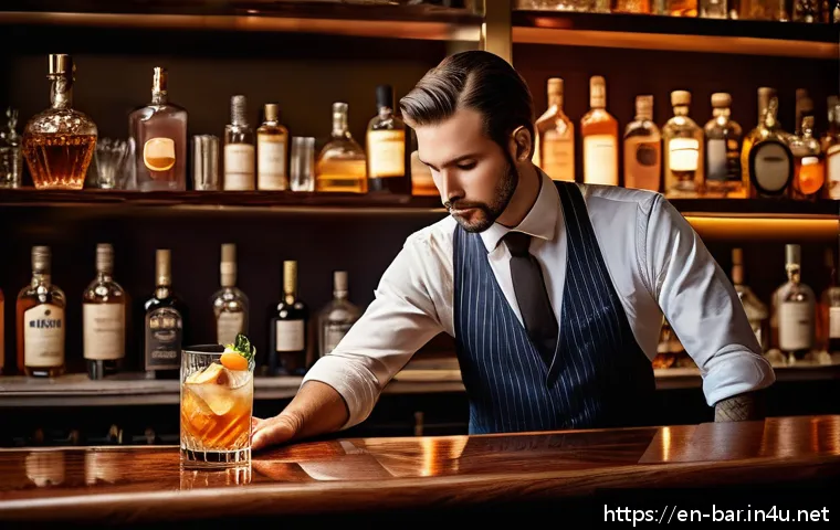 바텐더 경력 관리 꿀팁 - A professional bartender expertly crafting a classic Old Fashioned cocktail behind a polished wooden...