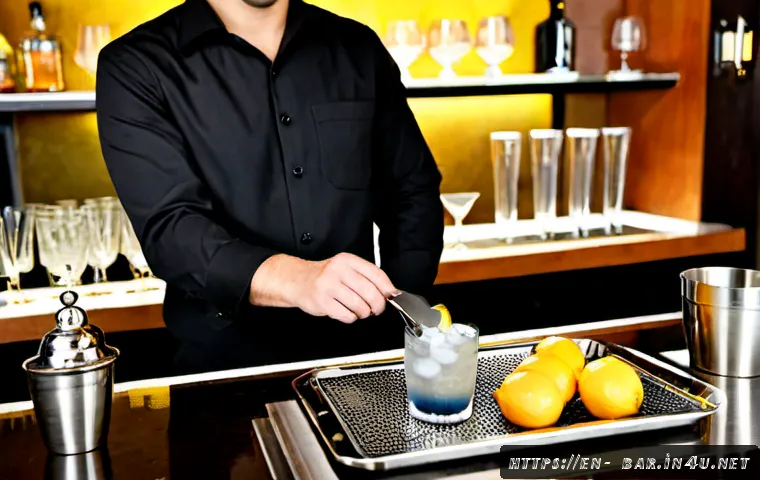 바텐더가 갖춰야 할 기초 지식 - Photorealistic professional bartender’s workstation, an adult bartender in a crisp black shirt caref...