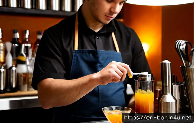 바텐더로서의 자기계발 - Photorealistic aspiring bartender practicing precise cocktail technique at a clean modern bar, focus...